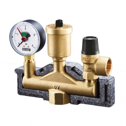 This assembly with a pressure gauge and thermostat ensures the safe operation of the system.